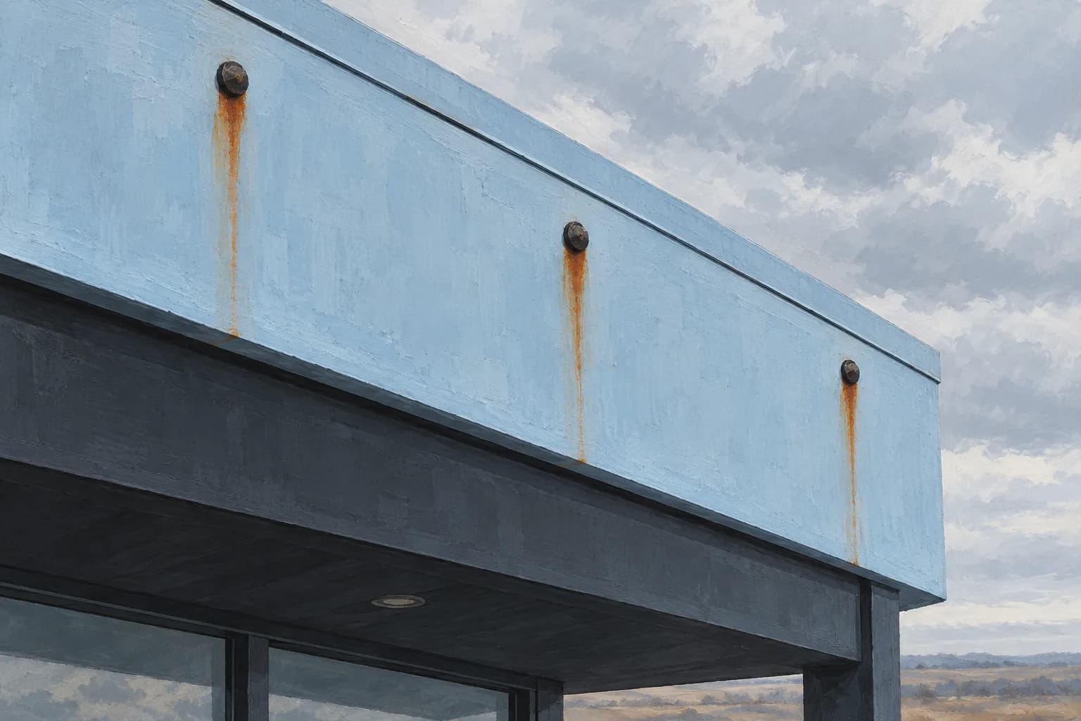 Conceptual illustration of three rusty fasteners leaving orange streaks on pale blue fascia above a commercial canopy