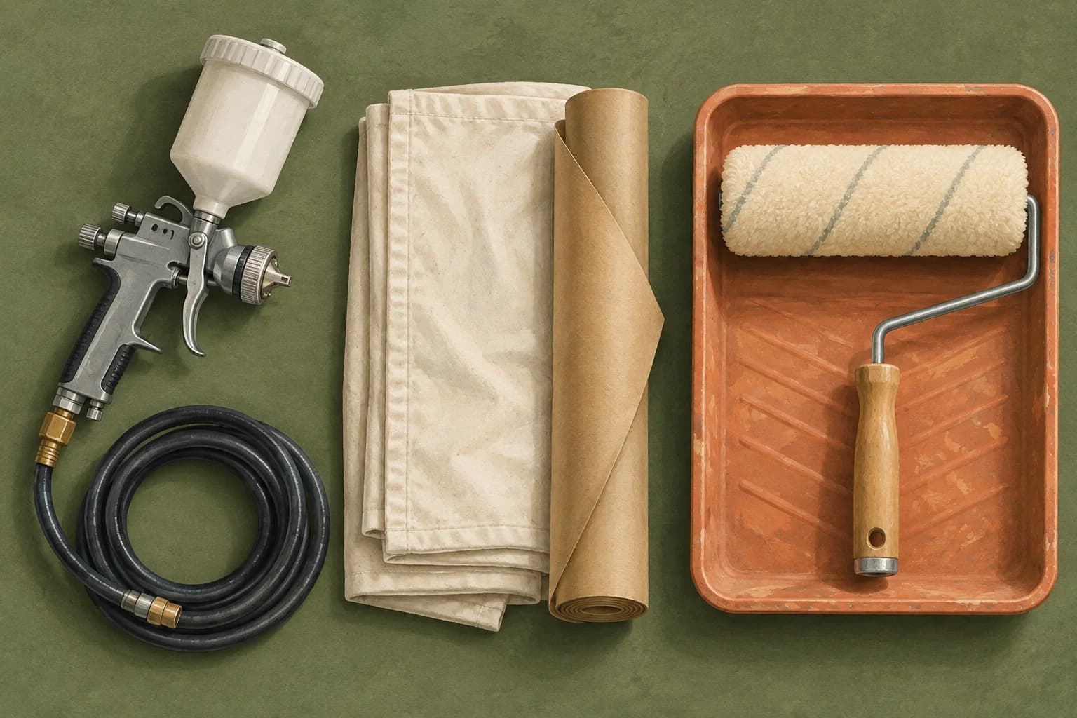 Illustration of a spray gun, roller tray, masking paper and folded protective cloth on a moss-green background
