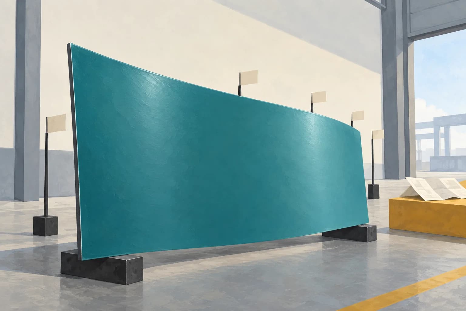 Conceptual illustration of a curved teal-coated steel panel with small unmarked inspection flags beside a separate folded location plan
