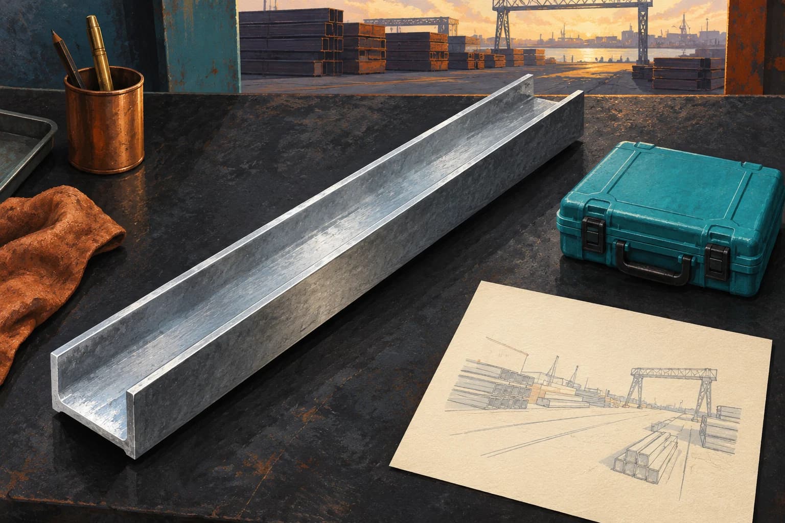 Conceptual illustration of a bare steel channel on a dark inspection bench beside a closed turquoise instrument case and a location sketch