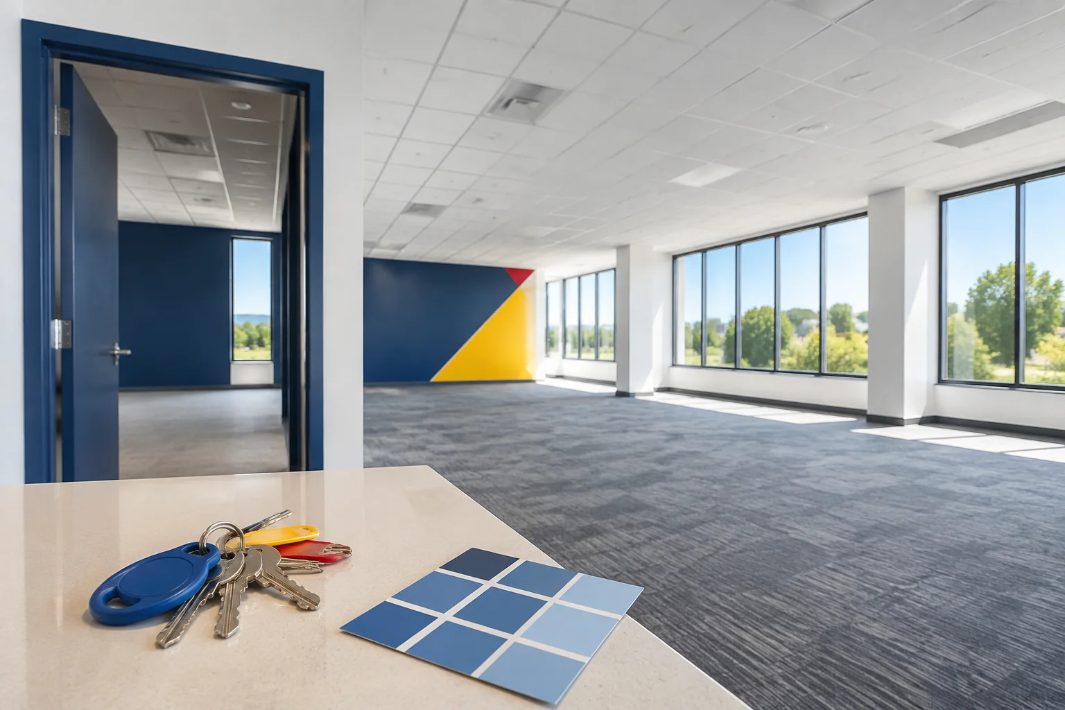 Empty commercial suite with keys and paint samples in the foreground