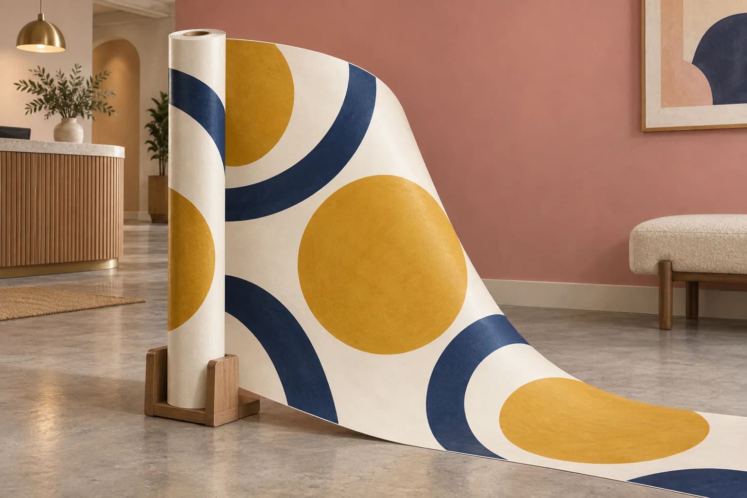 Conceptual illustration of a freestanding roll of abstract geometric wall film beside a painted commercial reception wall