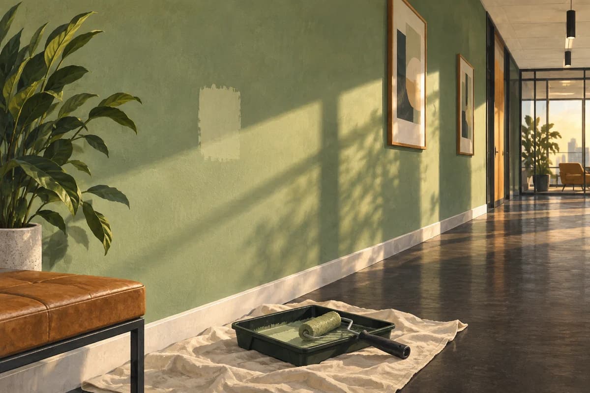 Illustrated sage-green office corridor with a visible touch-up patch and roller tray