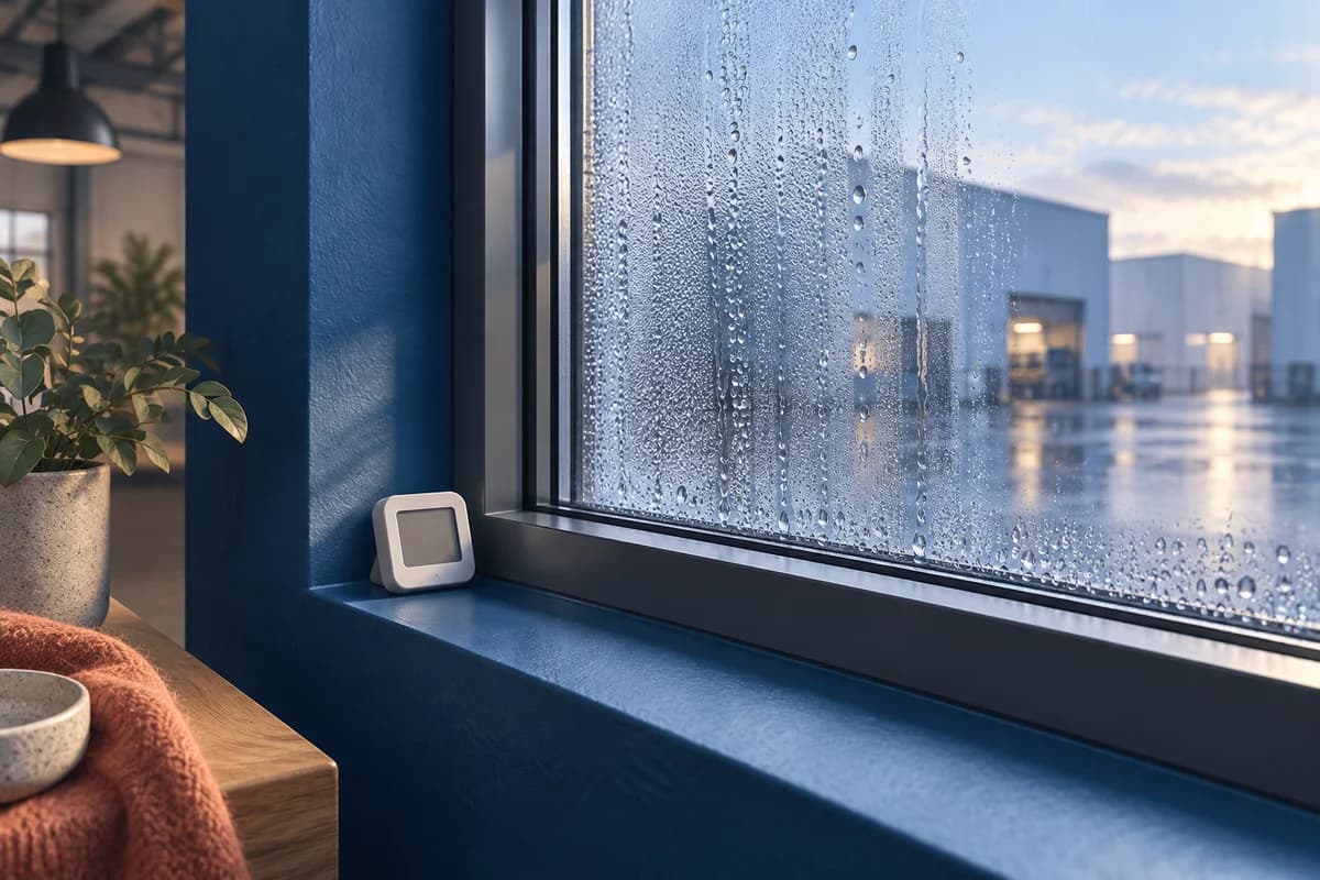Illustrated commercial window reveal with condensation beads and a plain monitoring device on the sill