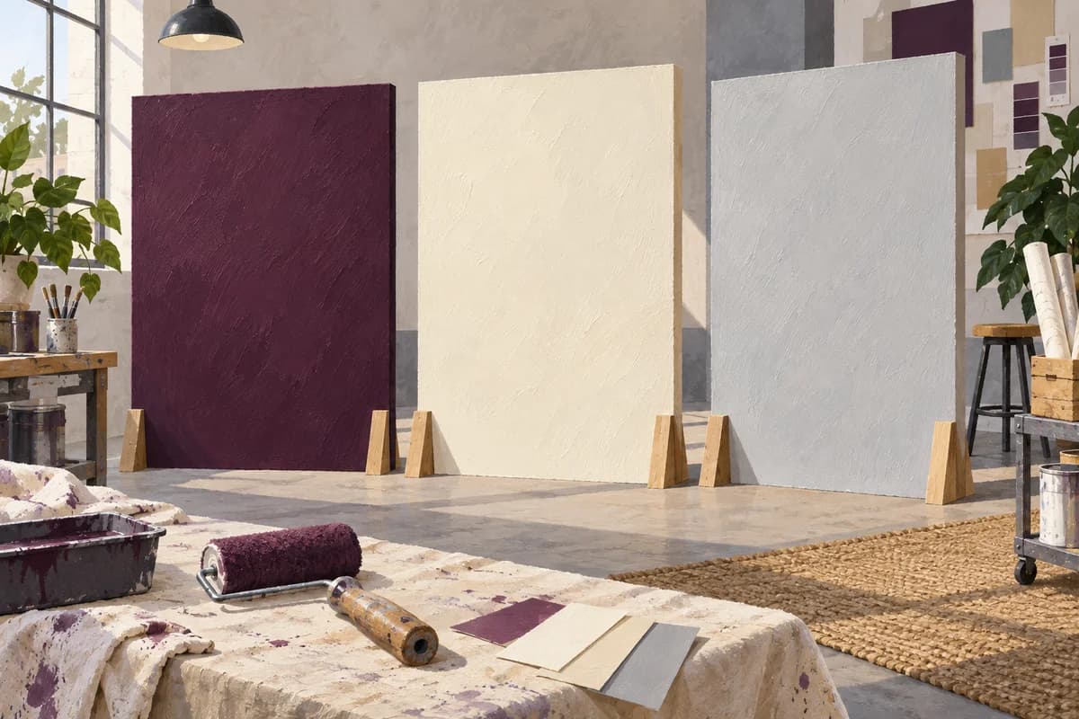 Illustrated freestanding wall samples in deep plum, warm ivory and pale grey within a bright workshop