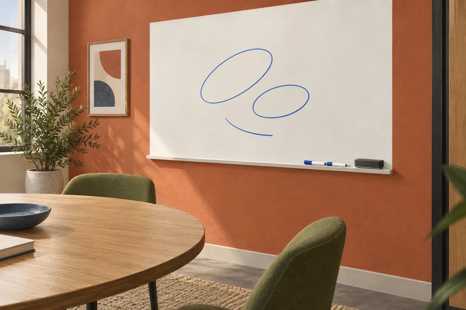 Illustration of a bounded white writing surface in a terracotta meeting room with abstract marker loops and a dedicated eraser tray