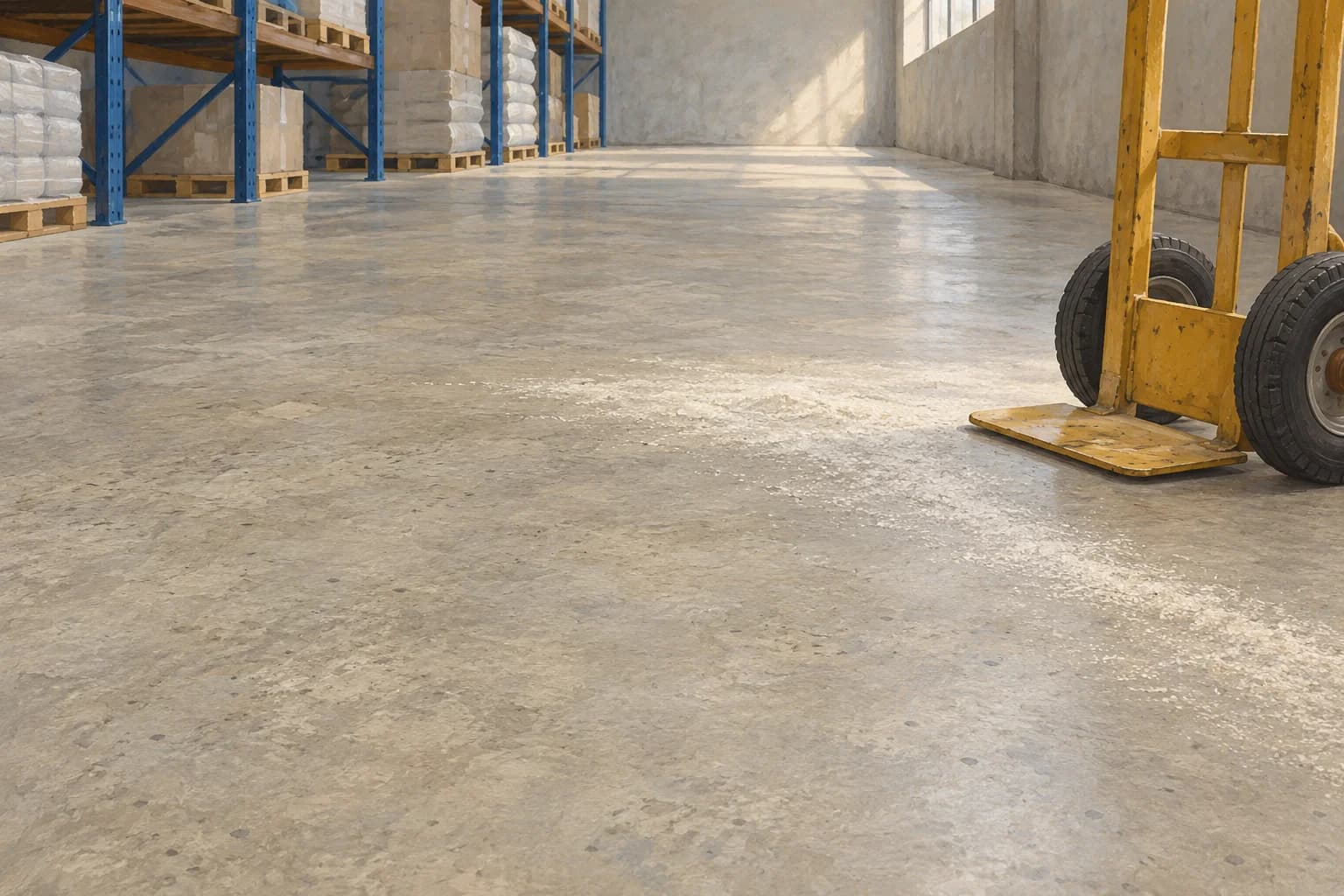 Conceptual illustration of a bare concrete stockroom aisle with a faint powder trace beside a stationary ochre trolley and blue storage racks
