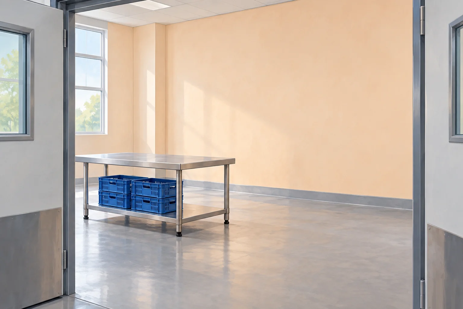 Conceptual illustration of an empty food packing room with a pale wall, stainless steel table and blue crates