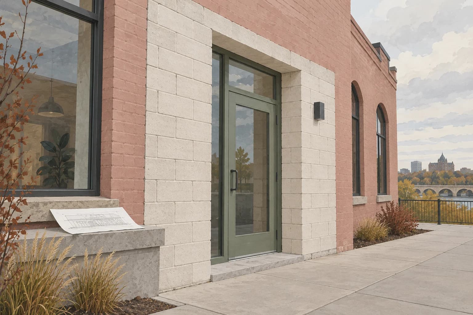 Conceptual illustration of fresh pale masonry around a commercial entrance beside retained dusty-rose brickwork