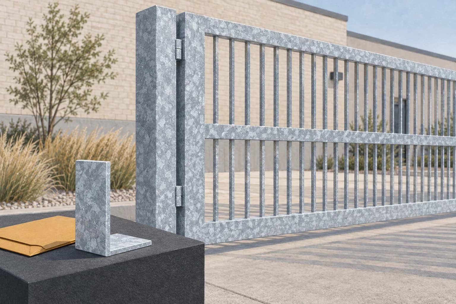 Illustration of an unpainted silver galvanized service-yard gate with a separate steel sample and ochre document sleeve