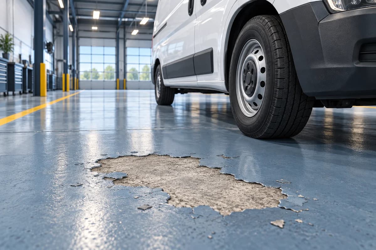 Illustration of a commercial service bay floor with a tyre-shaped coating defect beside a parked fleet van