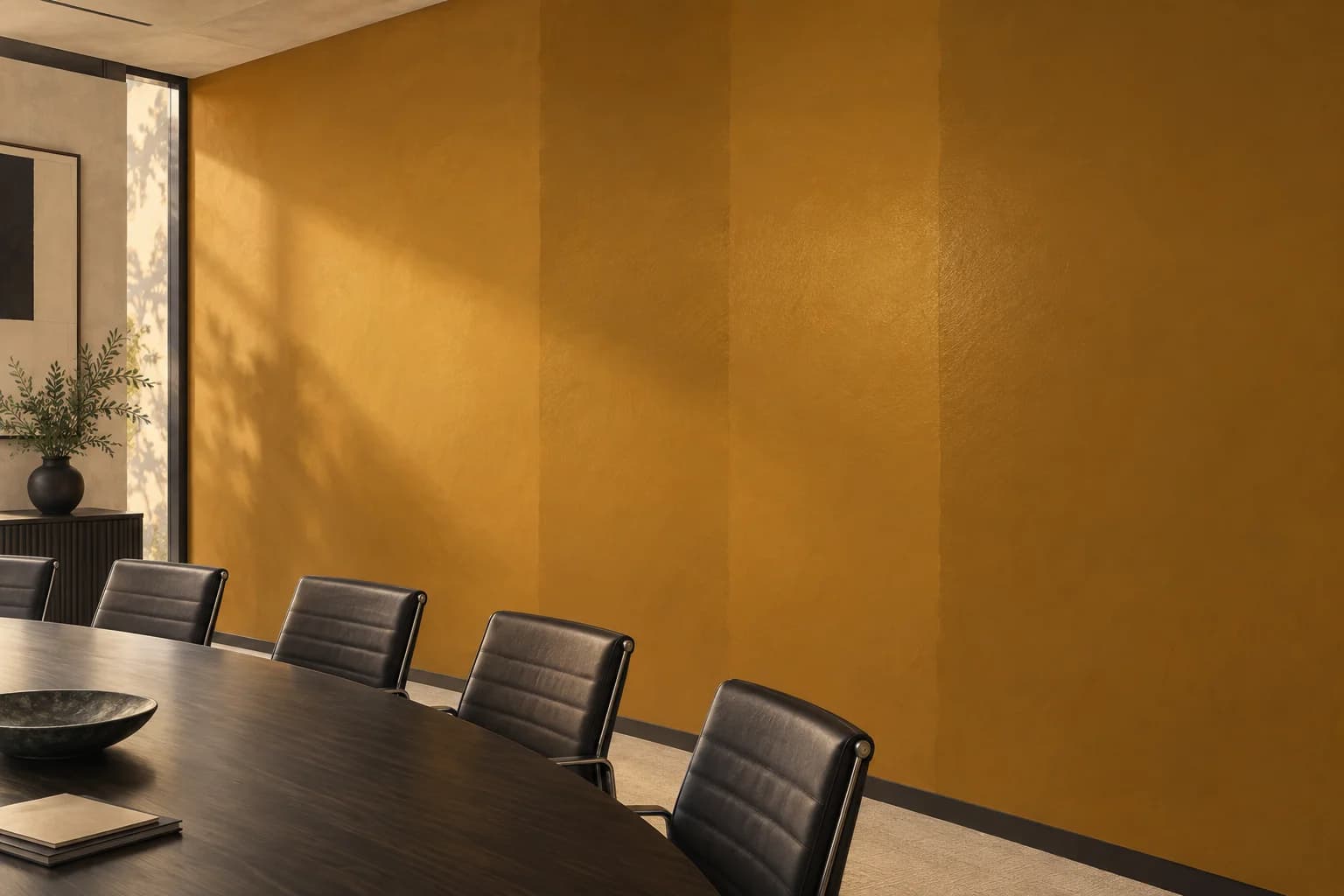Illustration of broad overlapping sheen bands on a deep ochre boardroom wall under side lighting