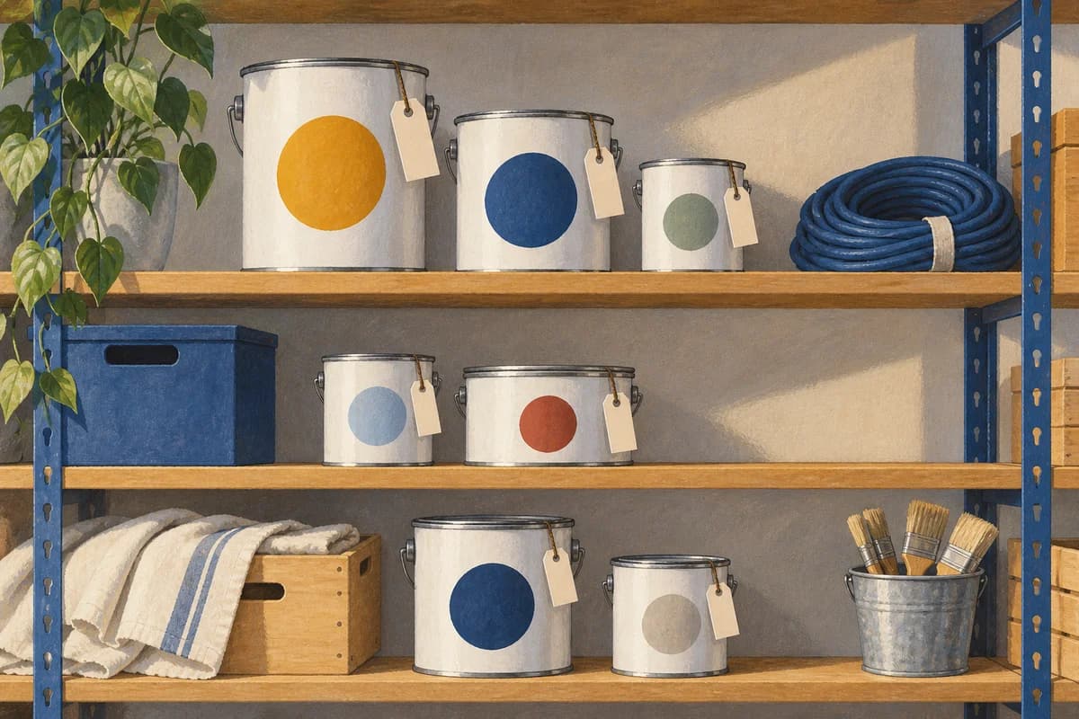 Illustrated utility shelf with closed paint tins, plain colour markers and organized empty storage space