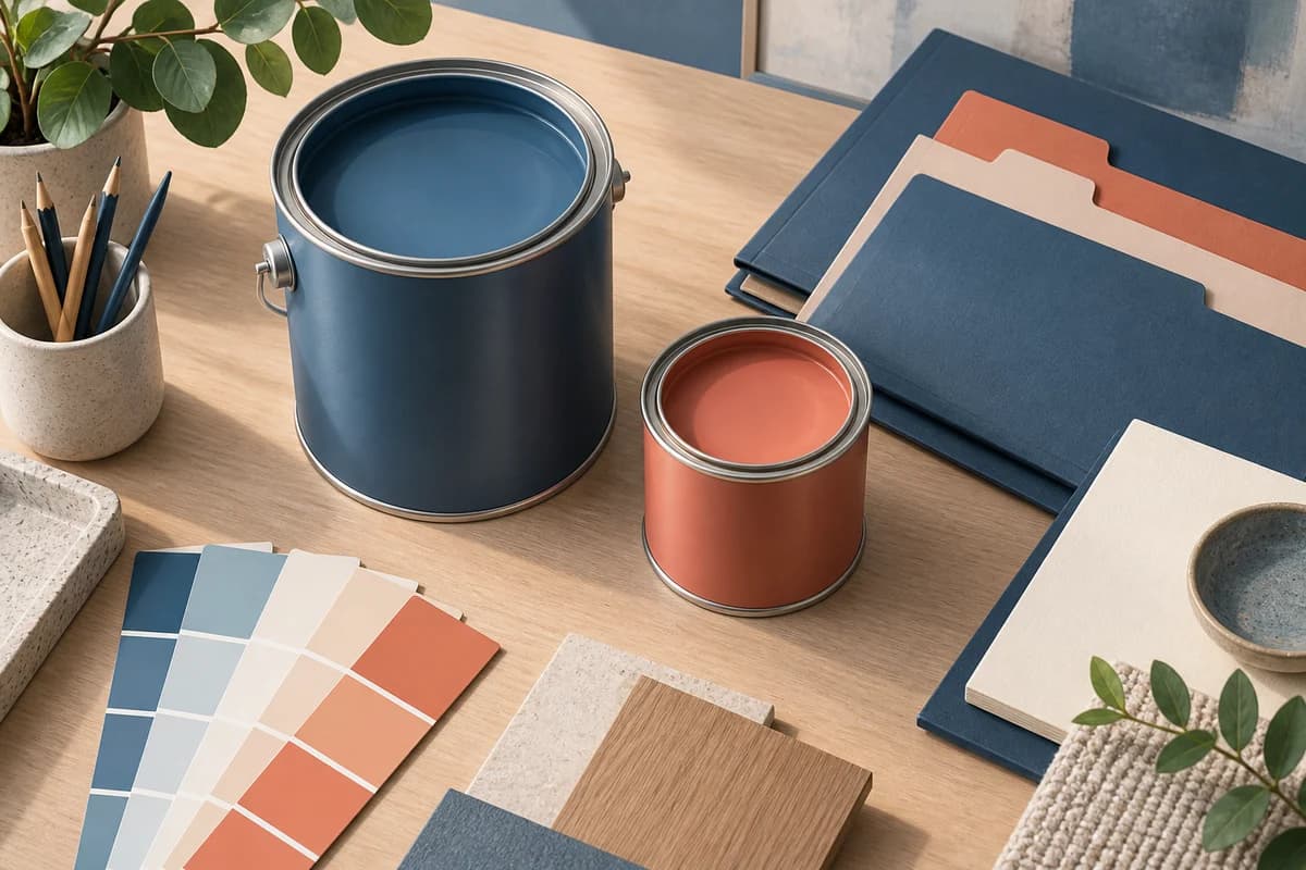 Illustrated procurement desk with distinct primer and finish tins beside organized unlettered document folders
