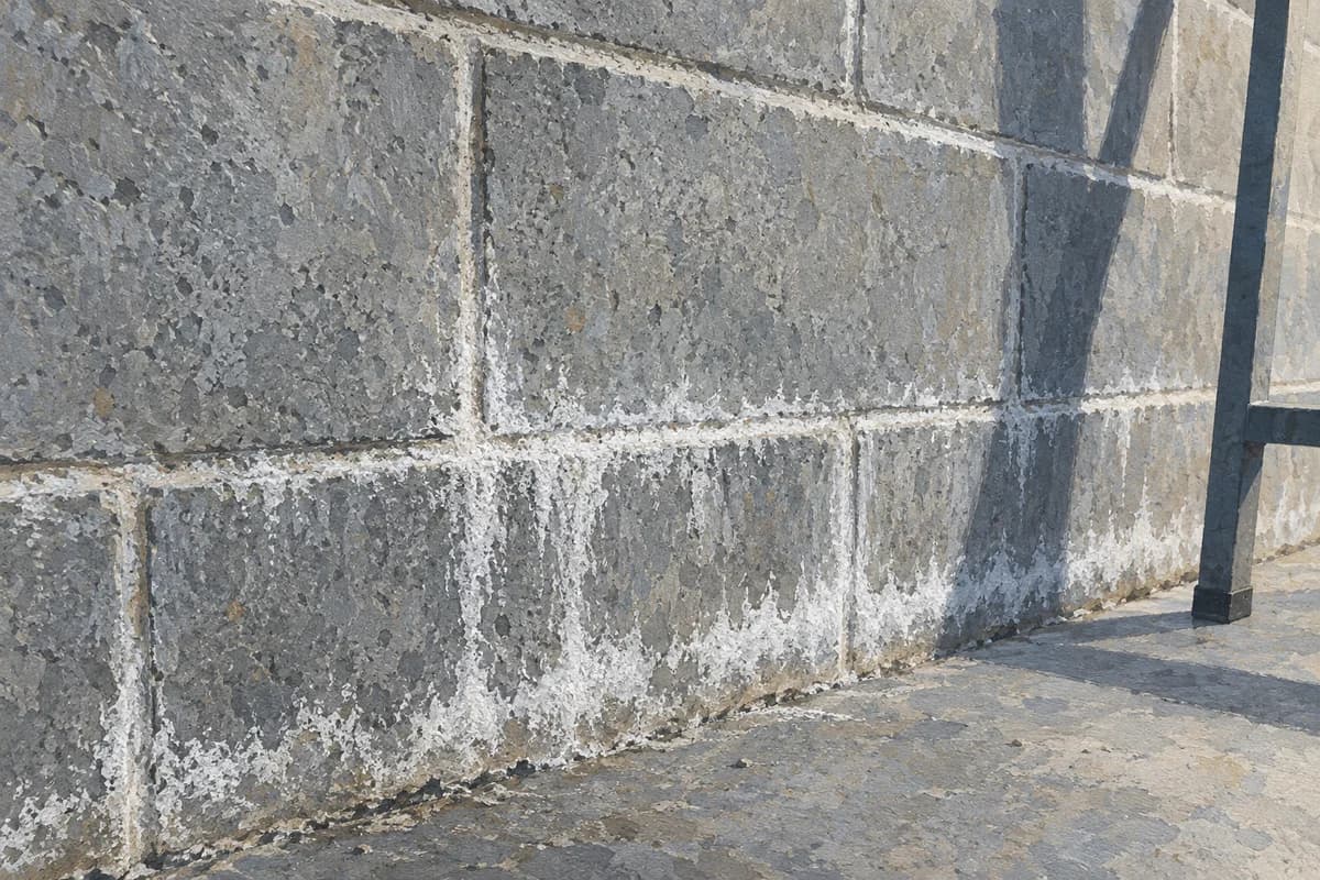 Illustrated concrete block wall with localized white mineral deposits along mortar joints