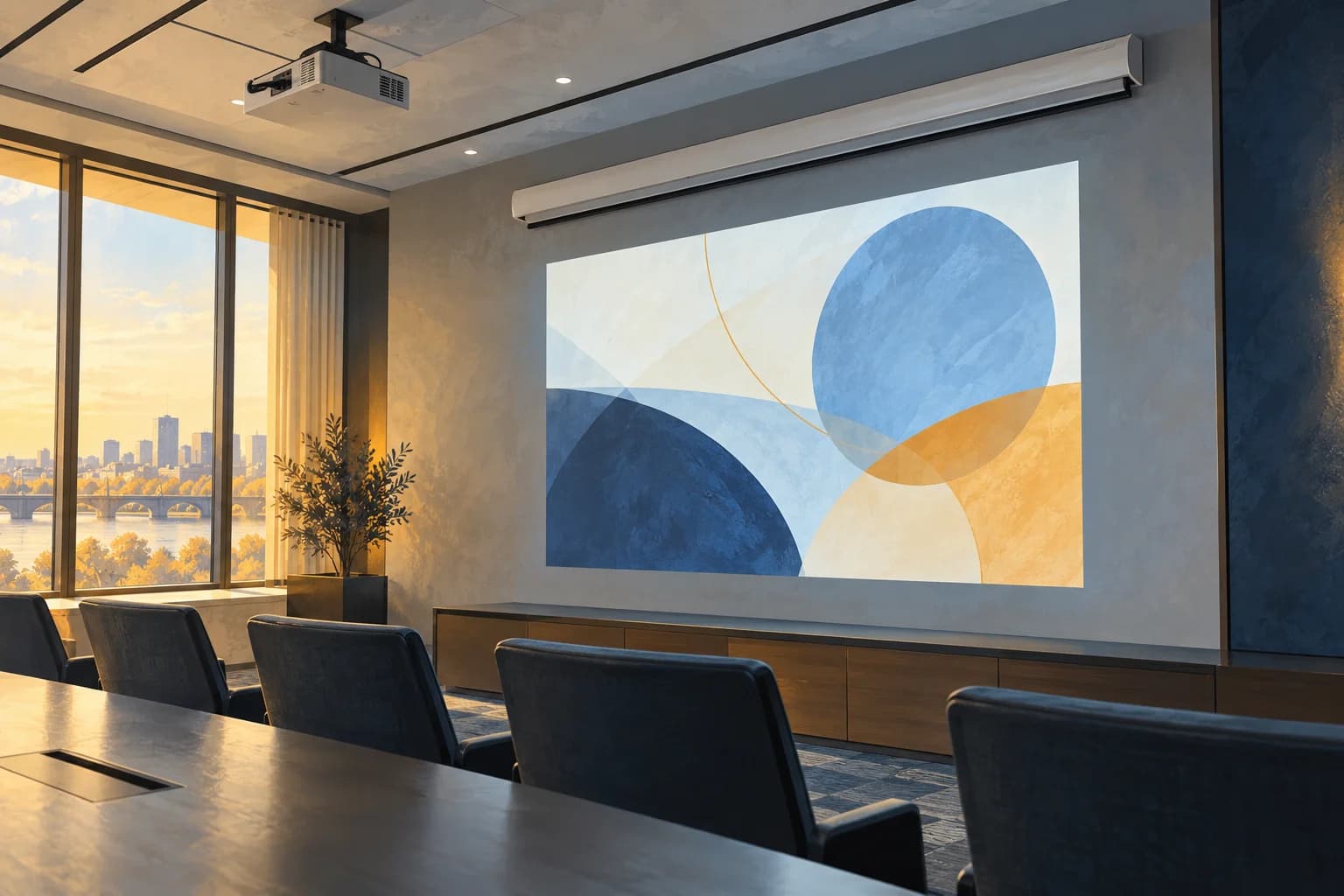 Conceptual illustration of a meeting room viewed from the rear seats, with an abstract projected image on a bounded pale wall and a closed retractable screen above