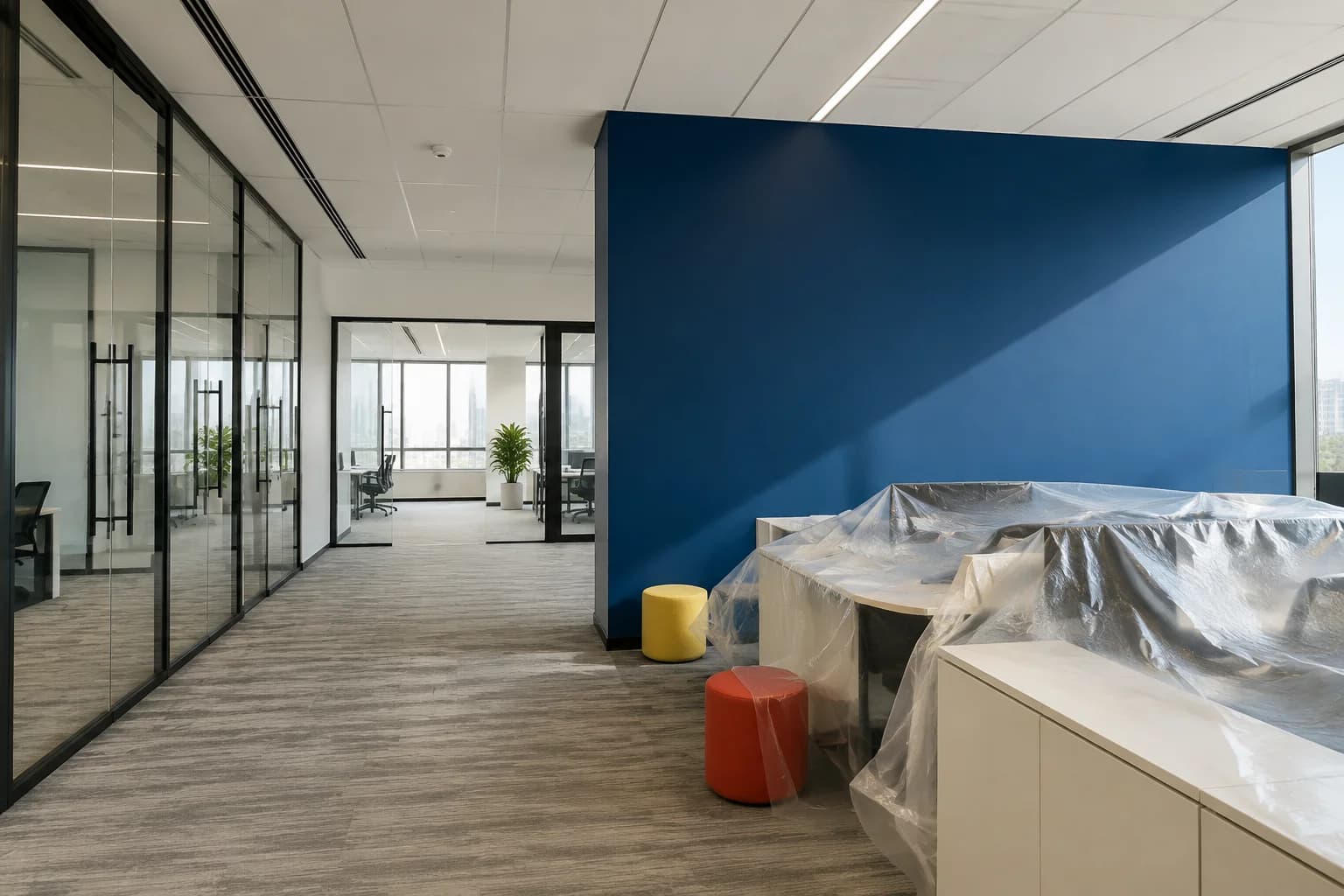 Office with glass partitions, blue feature wall and covered desks