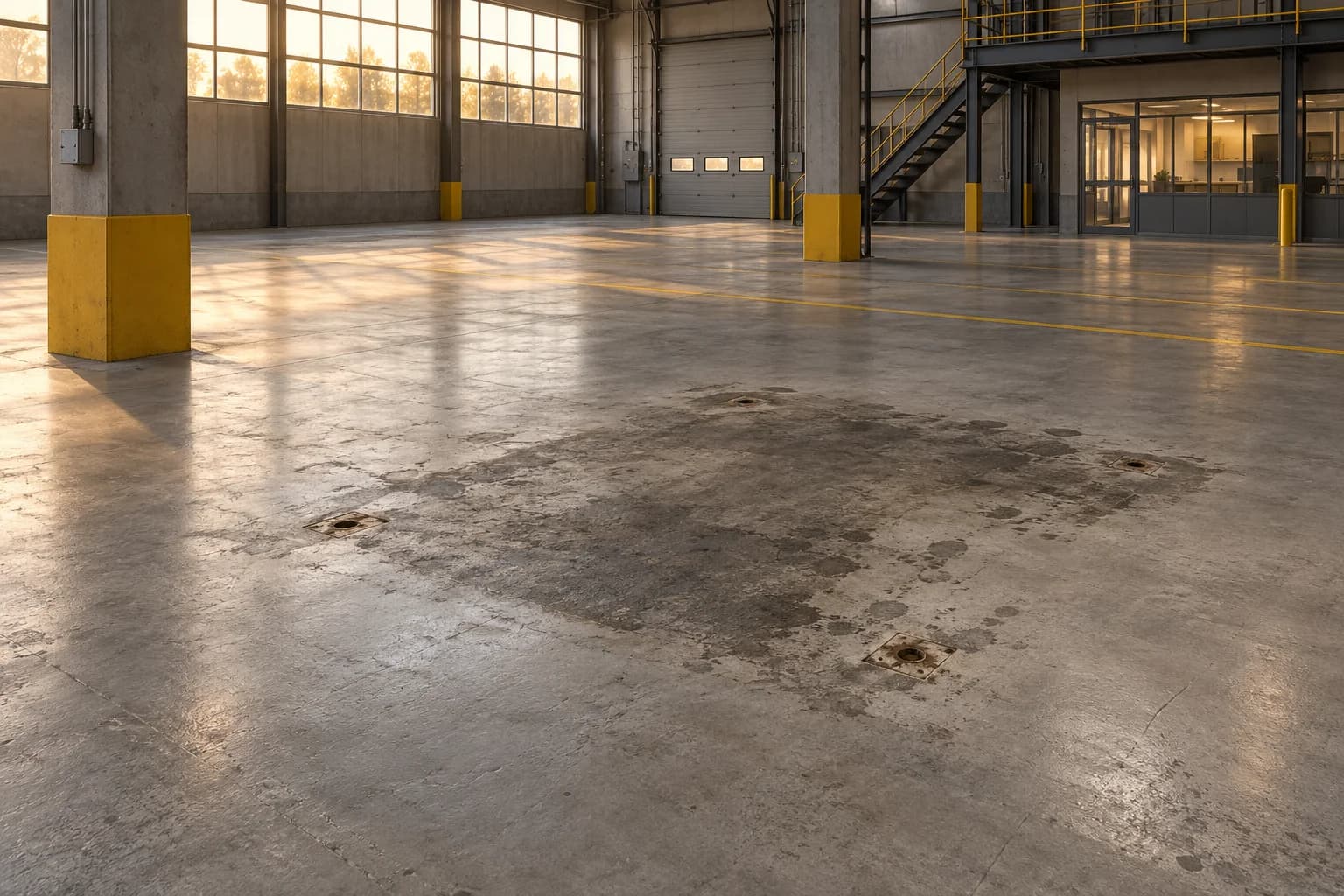 Conceptual illustration of irregular dark patches on an uncoated workshop floor within the footprint of a former machine