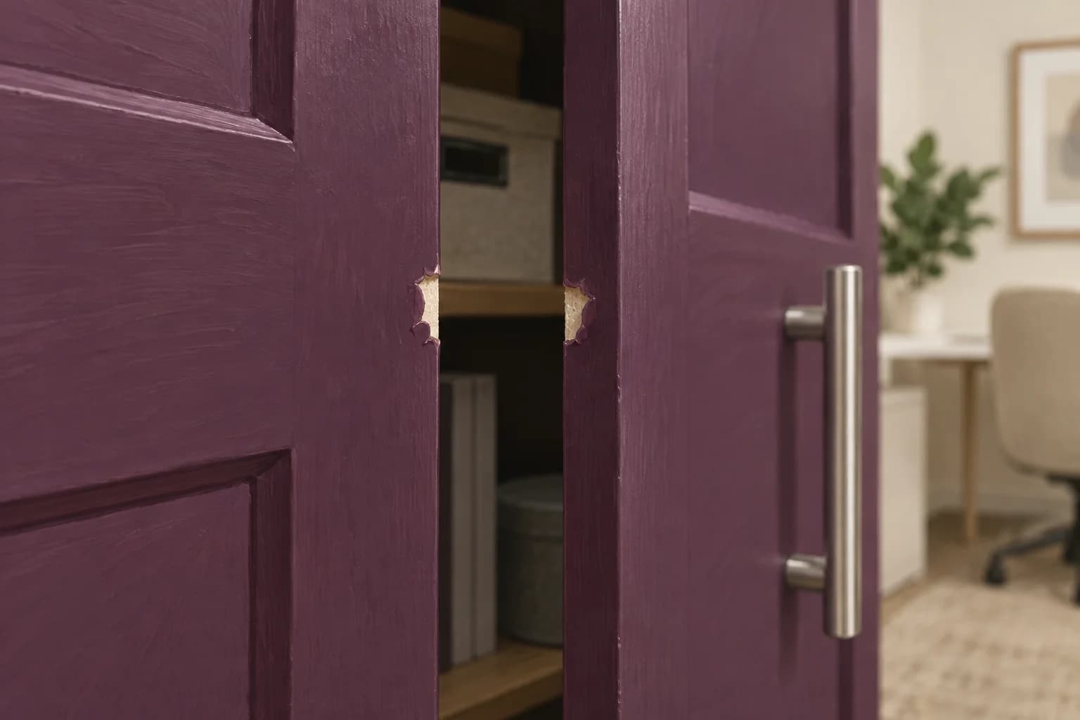 Illustration of paired exposed paint patches on opposing plum cabinet door edges in an office