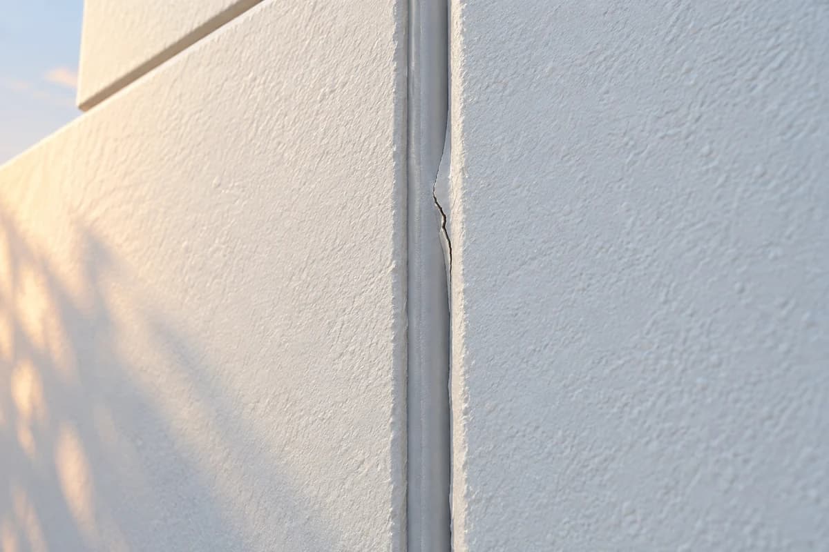 Illustrated close view of a commercial wall joint with a fine crack in the paint above a visible sealant strip