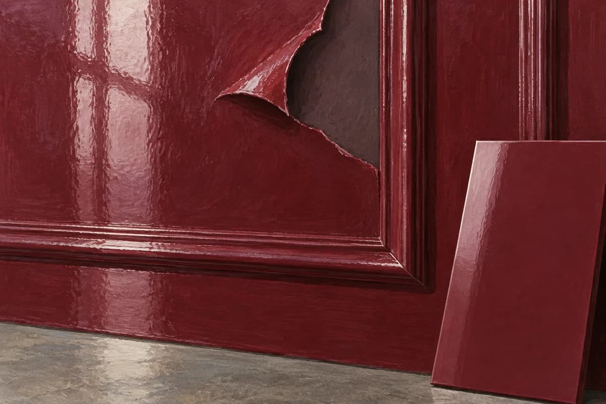 Illustrated glossy burgundy wall panel with a lifting paint edge and a separate sample panel