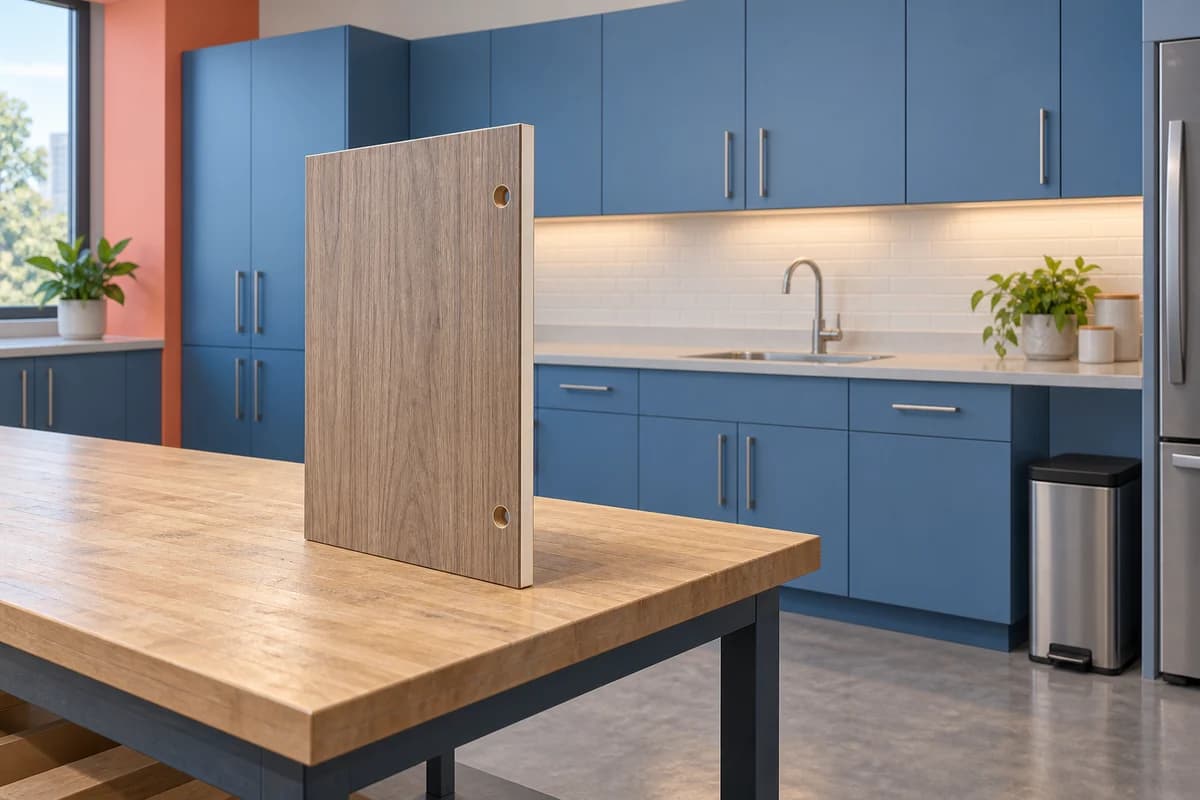 Illustration of a detached laminate cabinet door with its edge exposed beside commercial kitchenette cabinetry