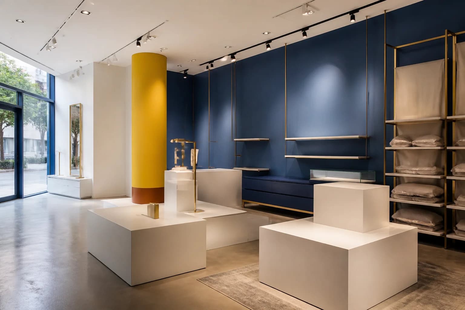 Retail space with blue feature wall, display plinths and protected shelving