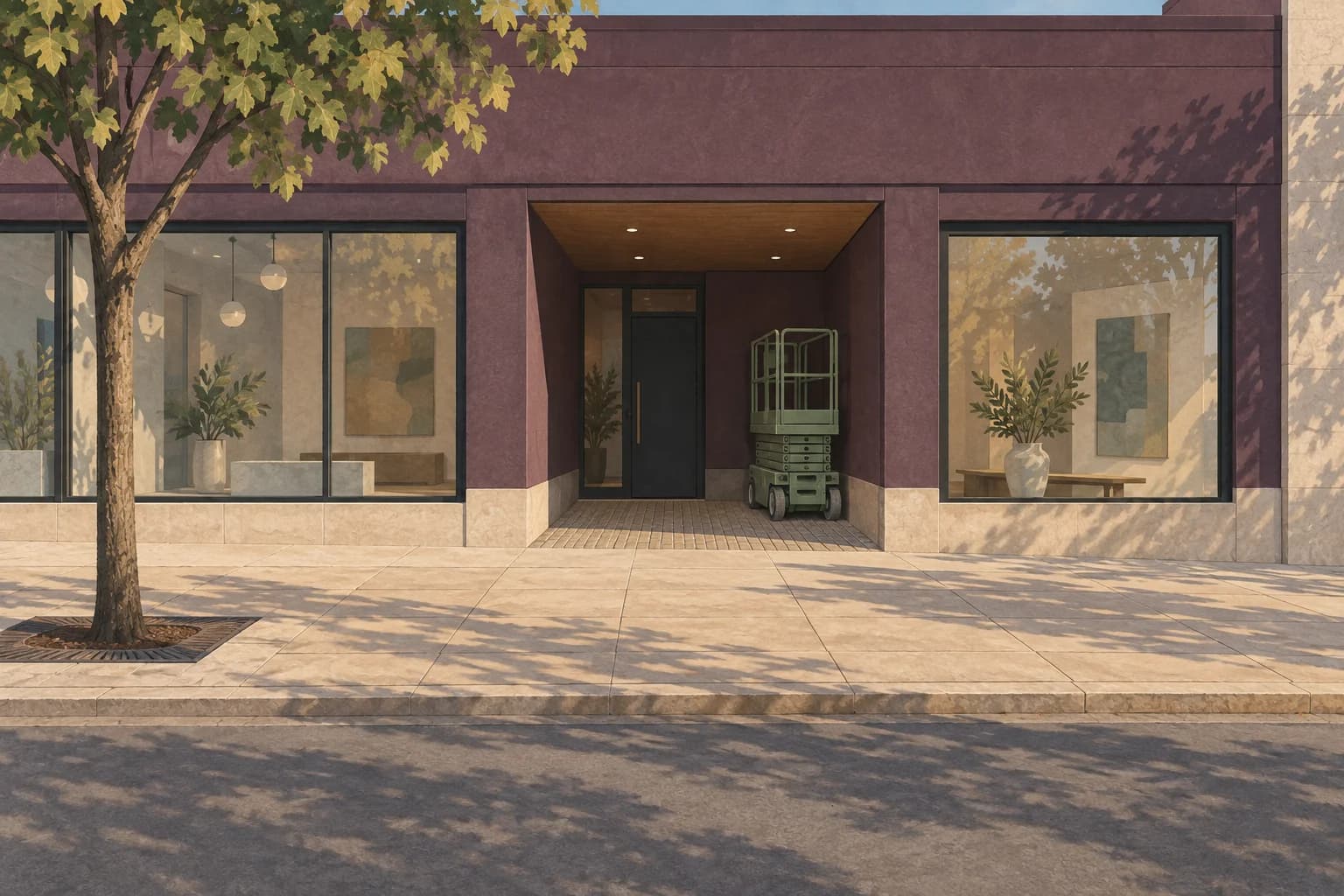 Conceptual illustration of a fictional storefront with an open sidewalk and folded access equipment inside a recessed entrance