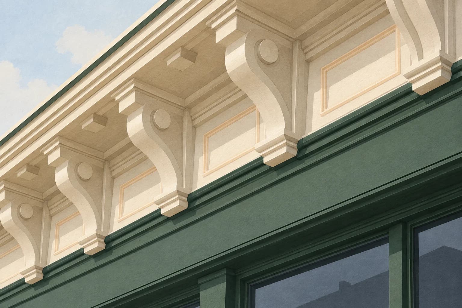 Conceptual illustration looking upward at decorative cream cornice brackets and a muted green fascia on a fictional commercial storefront