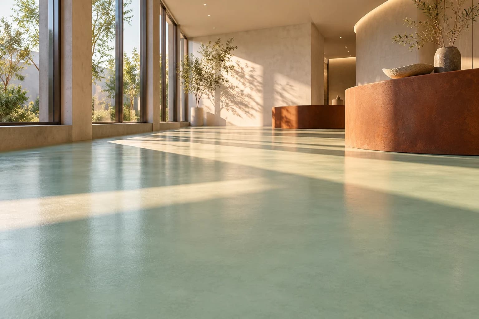 Conceptual low-angle illustration of a pale resin floor in a fictional commercial showroom with long sunlight shapes from tall windows and a curved rust-coloured display plinth