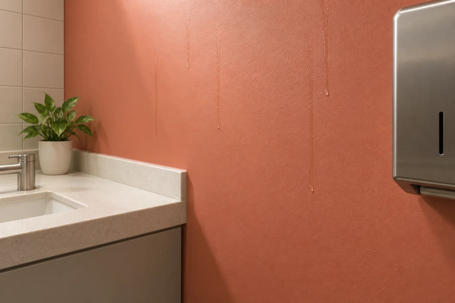 Illustration of glossy amber trails on a muted coral commercial washroom wall beside a stainless dispenser