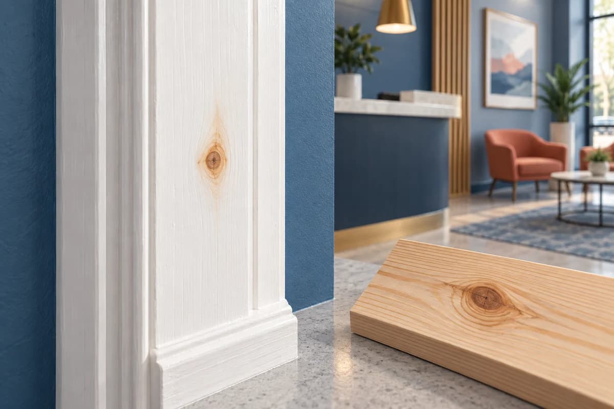 Illustrated white office timber trim with an amber knot-shaped mark beside a separate unpainted wood sample