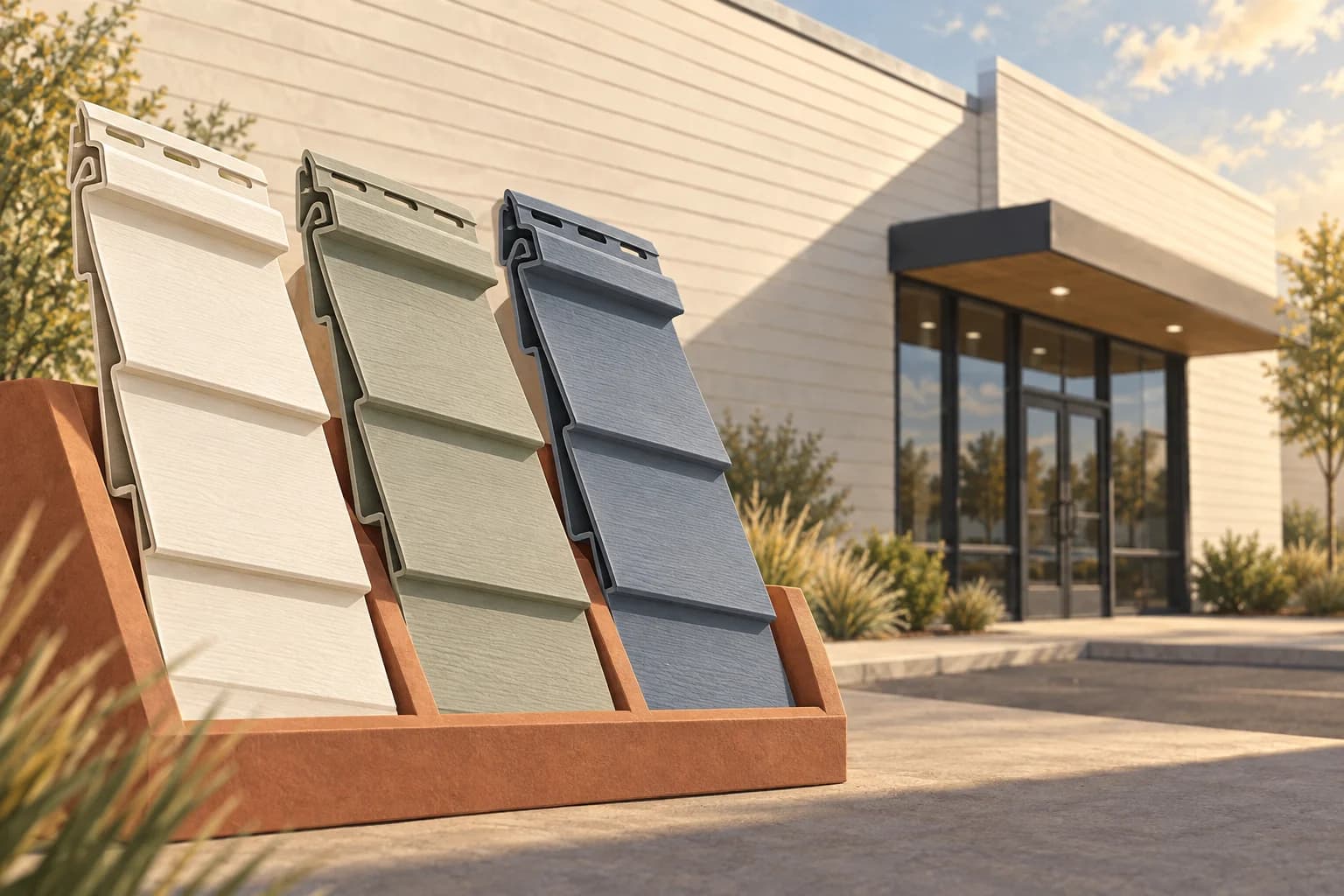 Illustration of cream, sage and slate-blue vinyl siding samples in a terracotta rack beside a commercial entrance