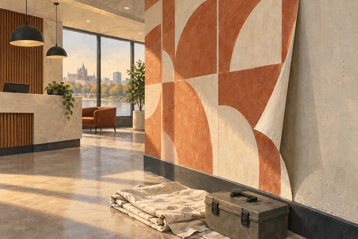 Illustrated commercial reception wall with curling patterned wallpaper, protective canvas and a closed toolkit