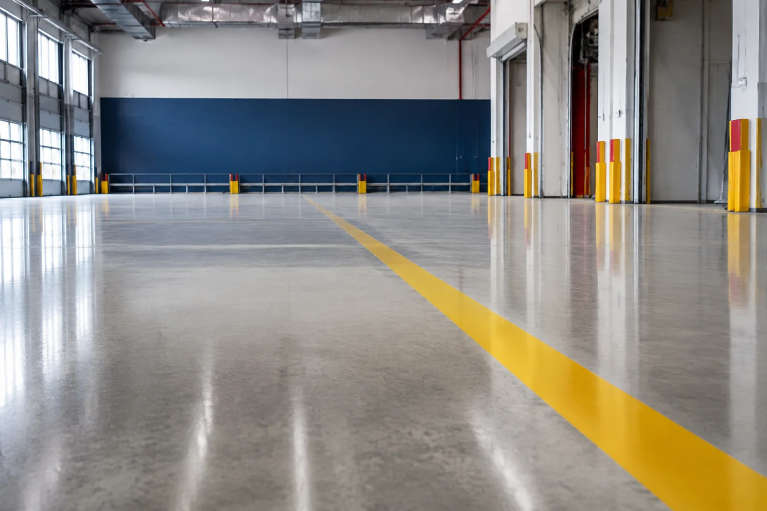 Warehouse floor with a yellow lane marking and blue wall