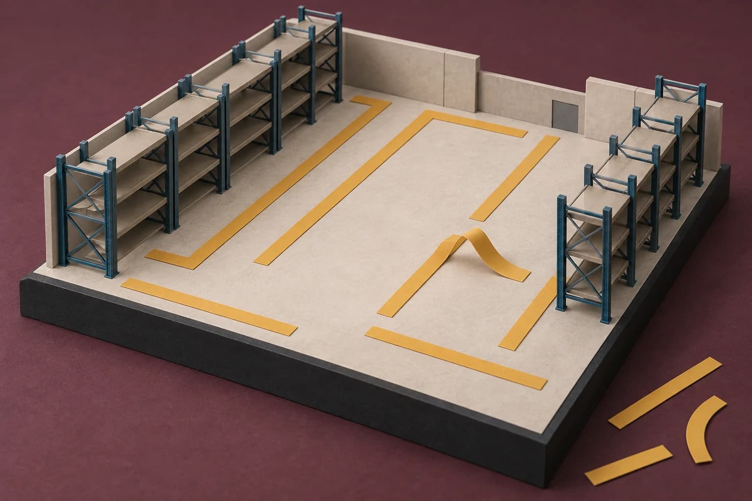 Conceptual illustration of a miniature warehouse planning model with loose ochre route strips and empty blue racks