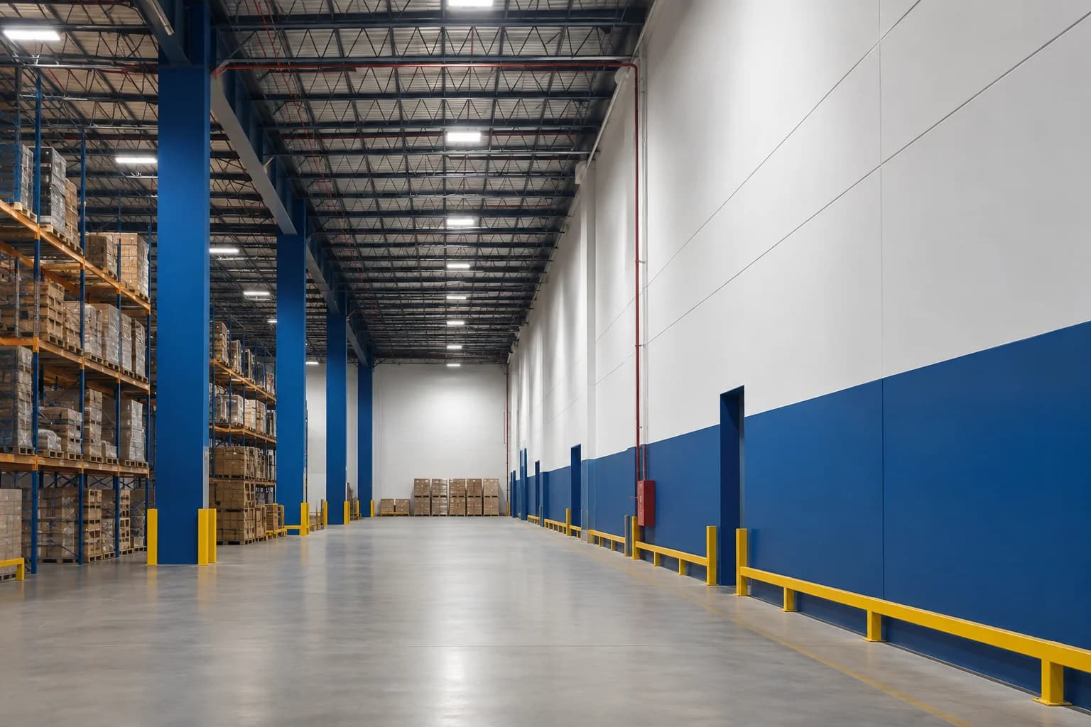 Warehouse aisle with blue columns and clearly separated storage