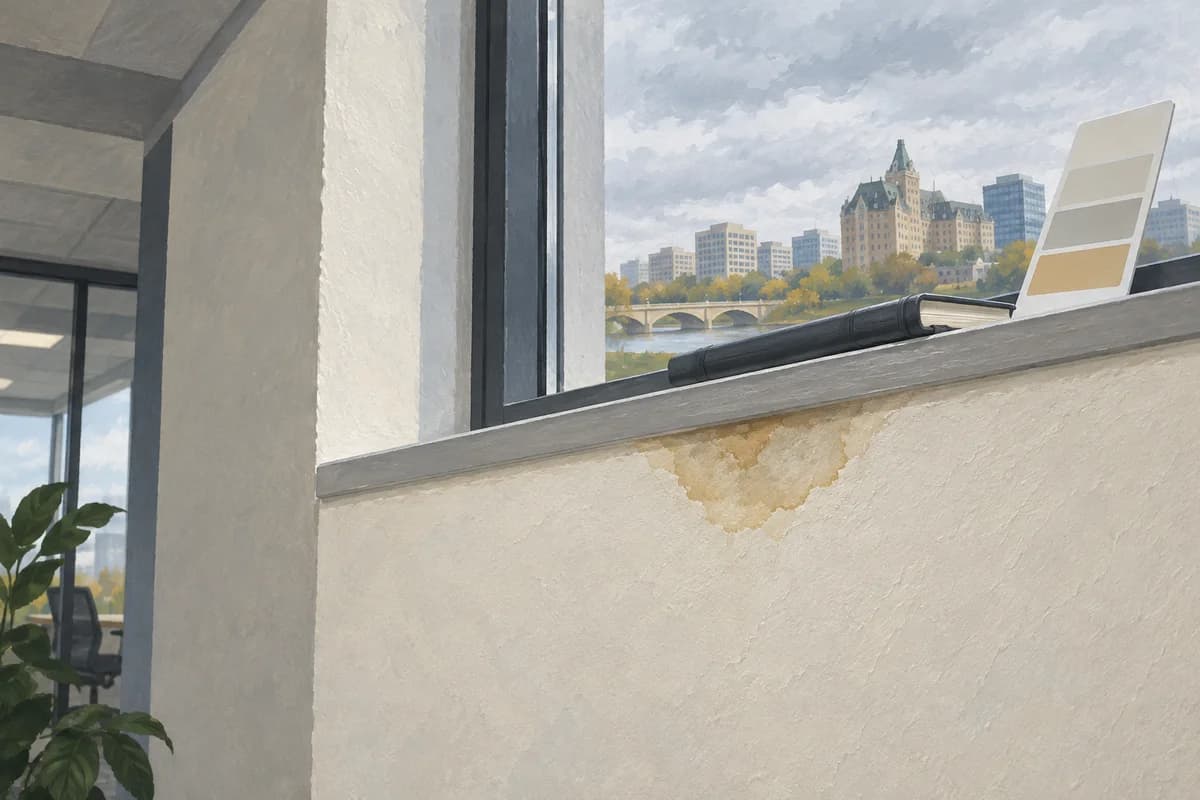 Illustrated water stain beneath an office window with a notebook and colour card on the sill