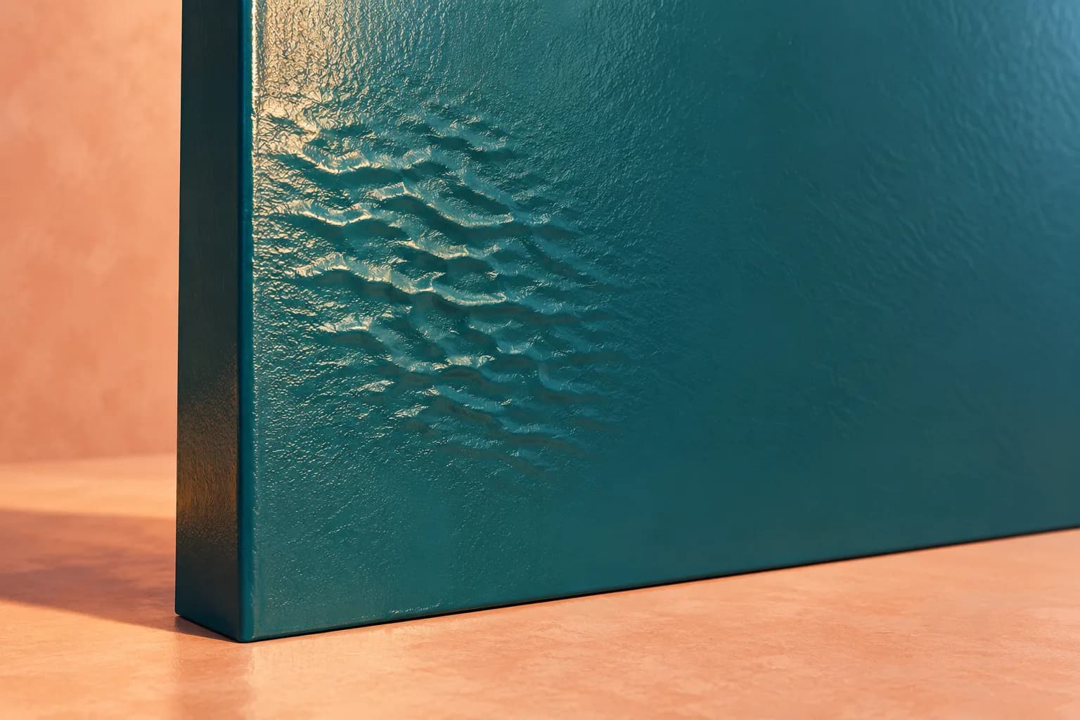 Conceptual illustration of a teal painted panel with localized crinkled ridges against a peach background