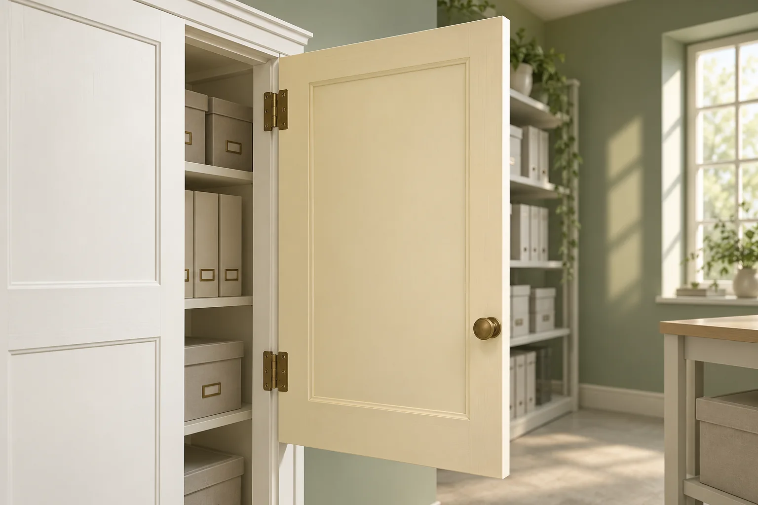 Conceptual illustration of an open cream-yellow cupboard door beside an ivory frame in a sage commercial records room
