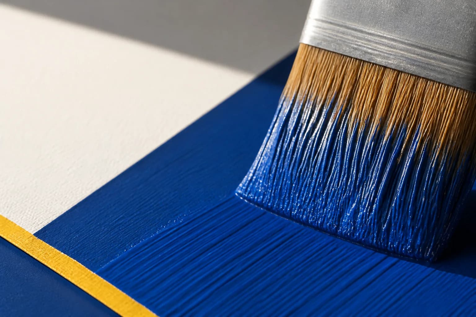 A paintbrush drawing a precise cobalt-blue edge beside warm white and yellow paint