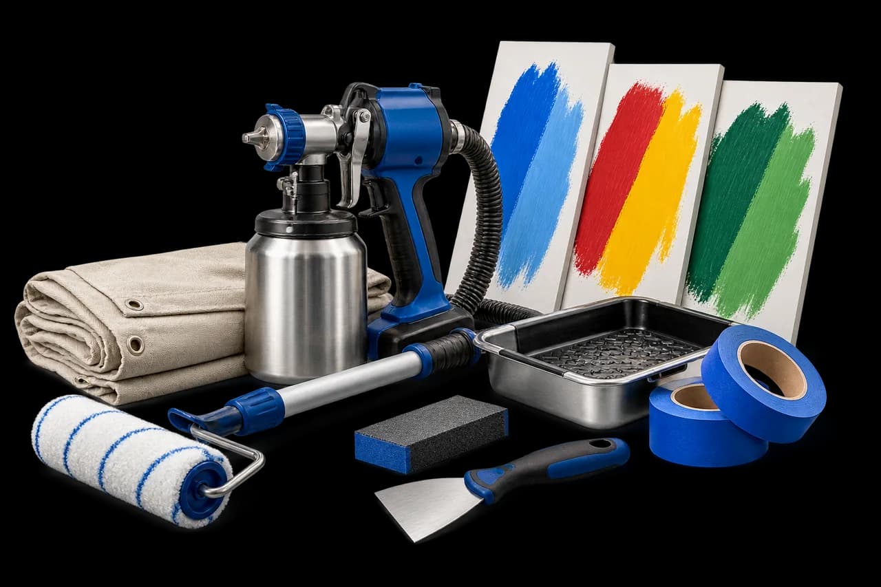Commercial painting sprayer, rollers, drop cloth, prep tools, and colour samples